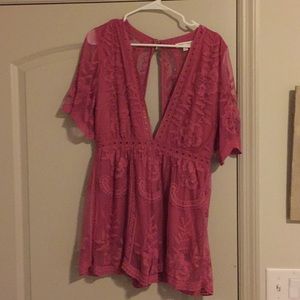 Pink deep V lace romper